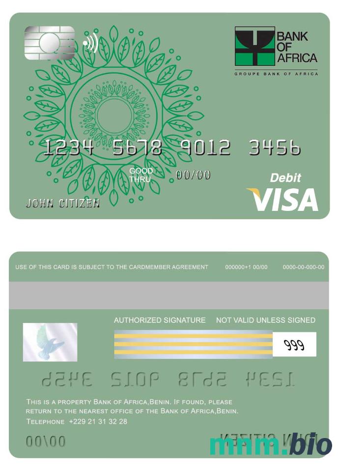 Benin Bank of Africa przykład karty visa w formacie PSD